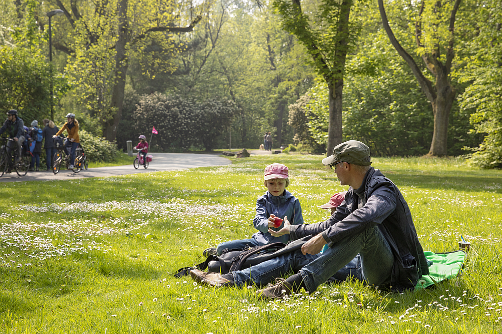 Menschen picknicken auf einer Wiese. Im Hintergrund weitere Parkbesuchende Auf Fahrrädern.
